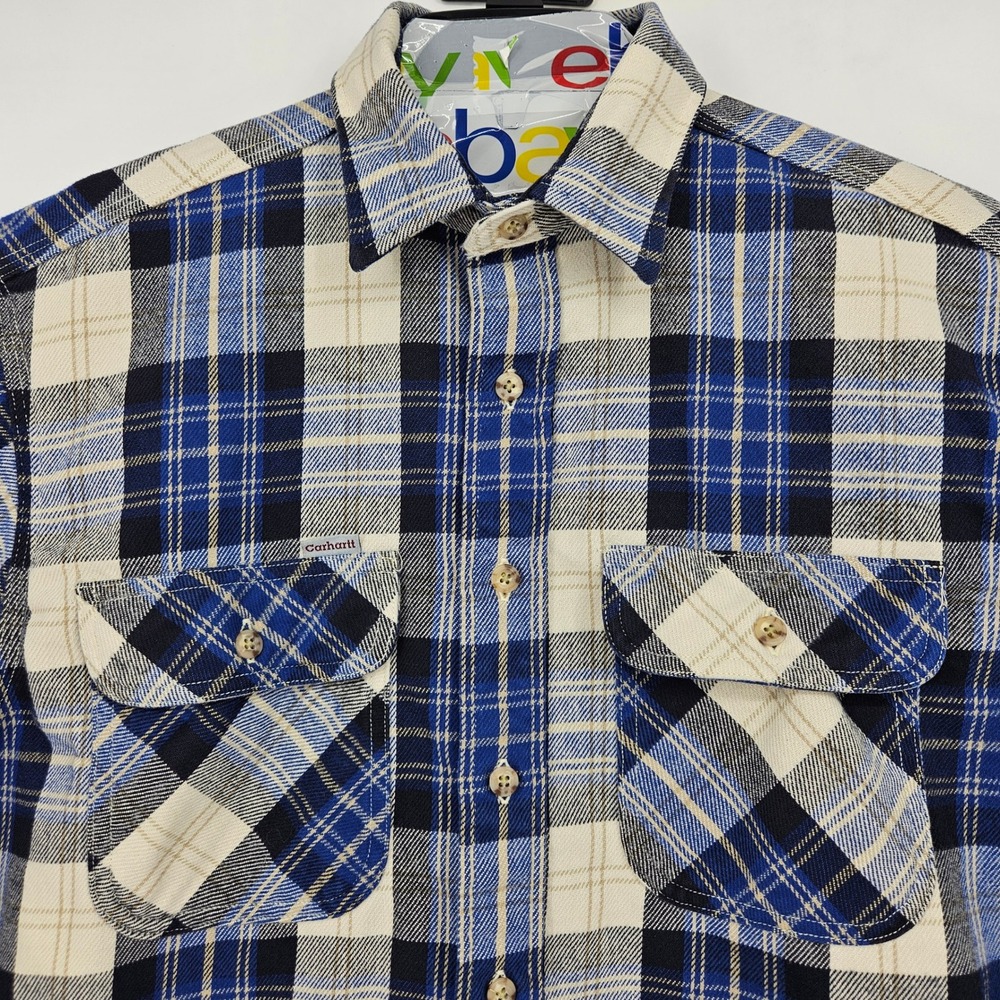 Carhartt Shirt Mens Large Flannel Blue Plaid‎ Long Sleeve Casual Workwear - Picture 2 of 9